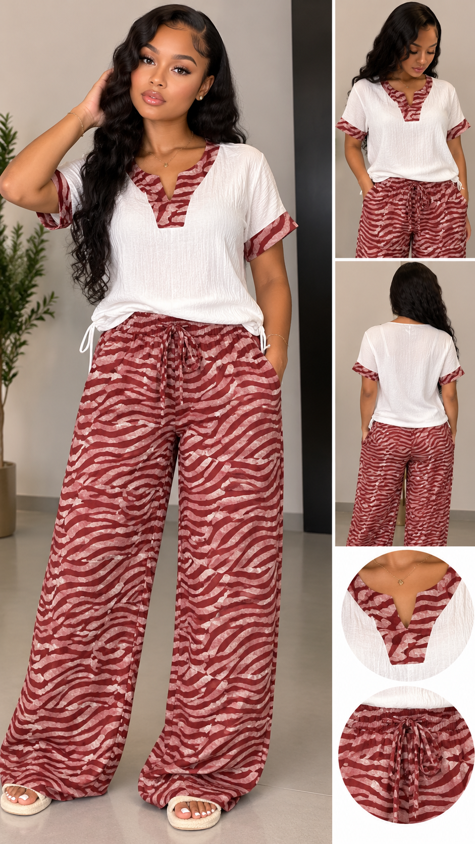 Women’s African Print Two-Piece Outfit – Short Sleeve Top & Wide-Leg Pants