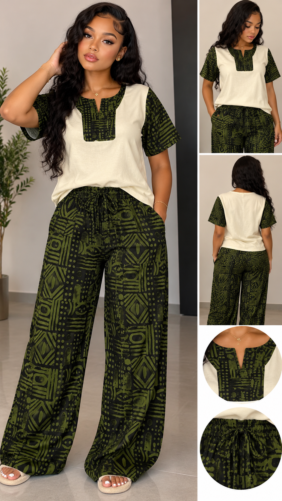 Women’s African Print Two-Piece Outfit – Short Sleeve Top & Wide-Leg Pants