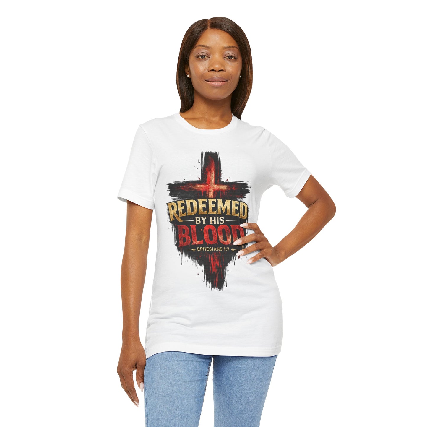 Redeemed by His Blood T‑Shirt — Christian Cross Faith Tee (Ephesians 1:7)