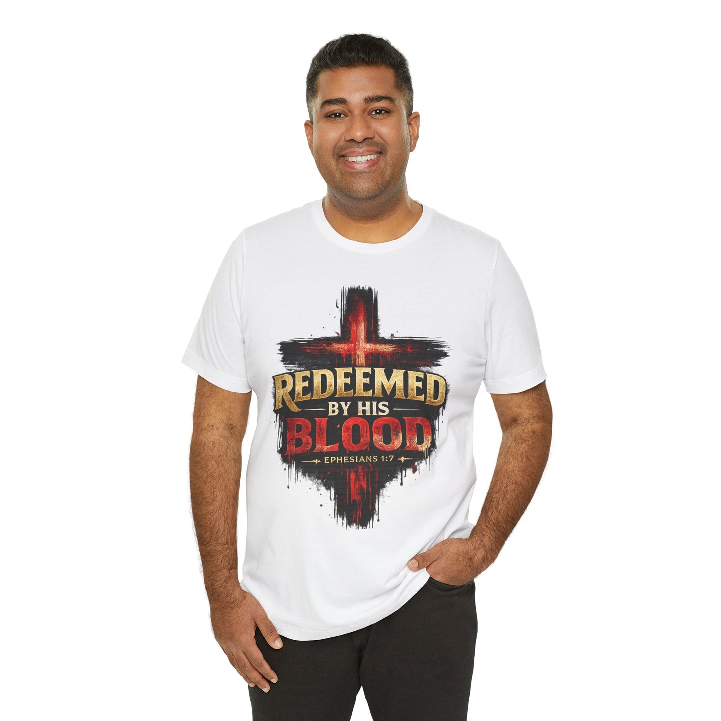 Redeemed by His Blood T‑Shirt — Christian Cross Faith Tee (Ephesians 1:7)