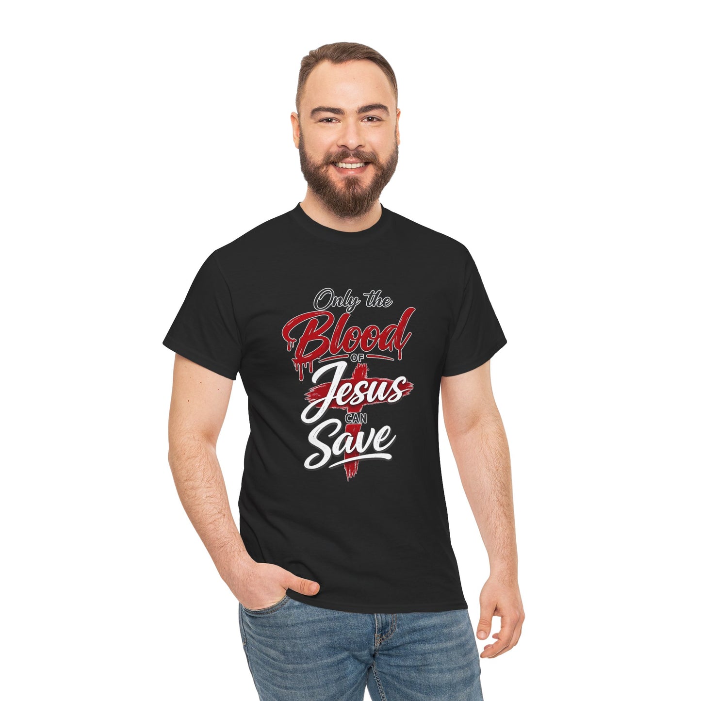 Christian T-Shirt — "Only the Blood of Jesus Can Save" with Hebrews 9:22 Scripture Tee