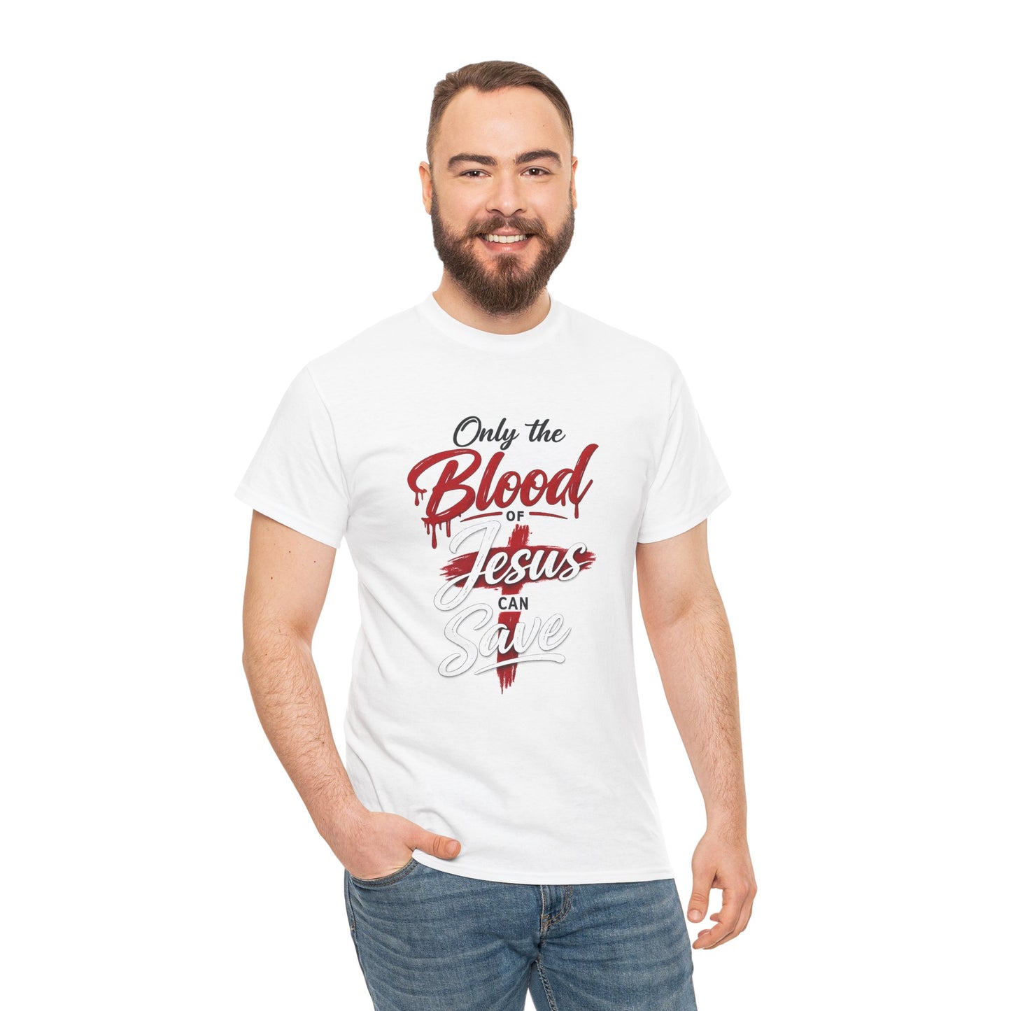 Christian T-Shirt — "Only the Blood of Jesus Can Save" with Hebrews 9:22 Scripture Tee