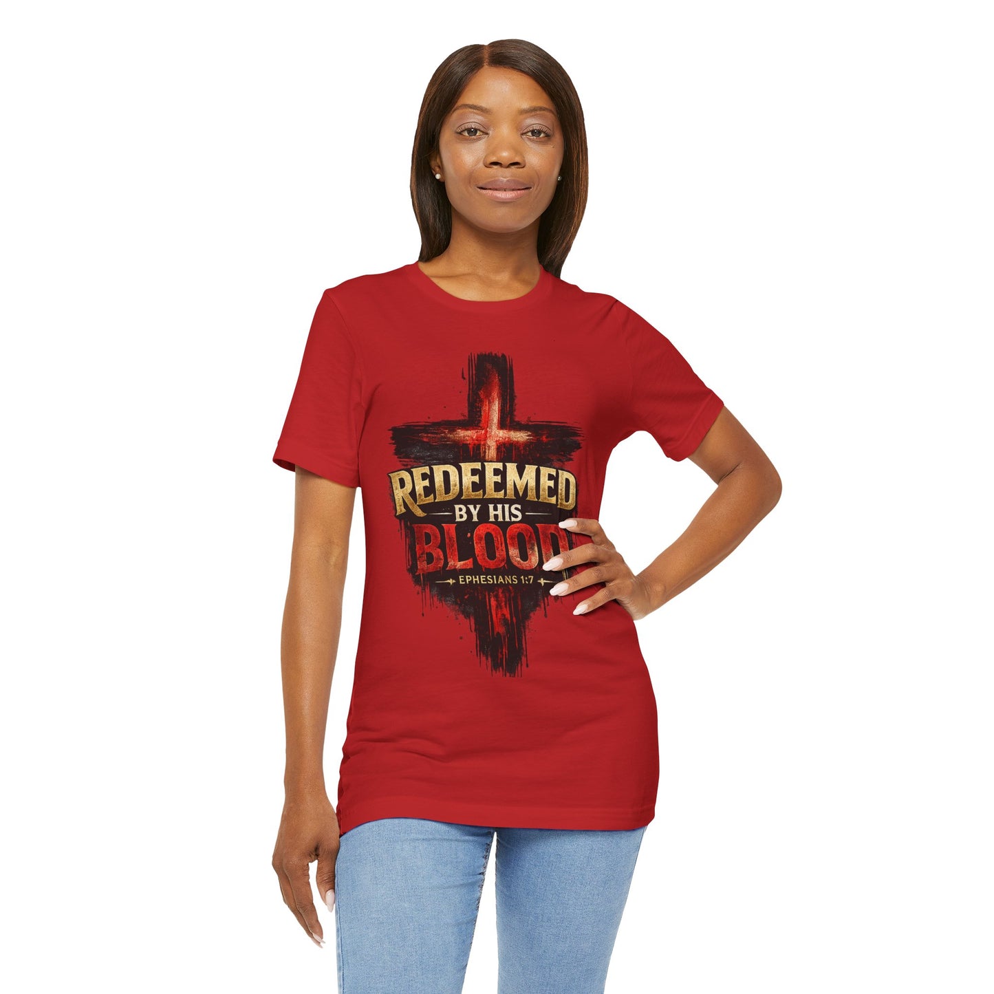 Redeemed by His Blood T‑Shirt — Christian Cross Faith Tee (Ephesians 1:7)