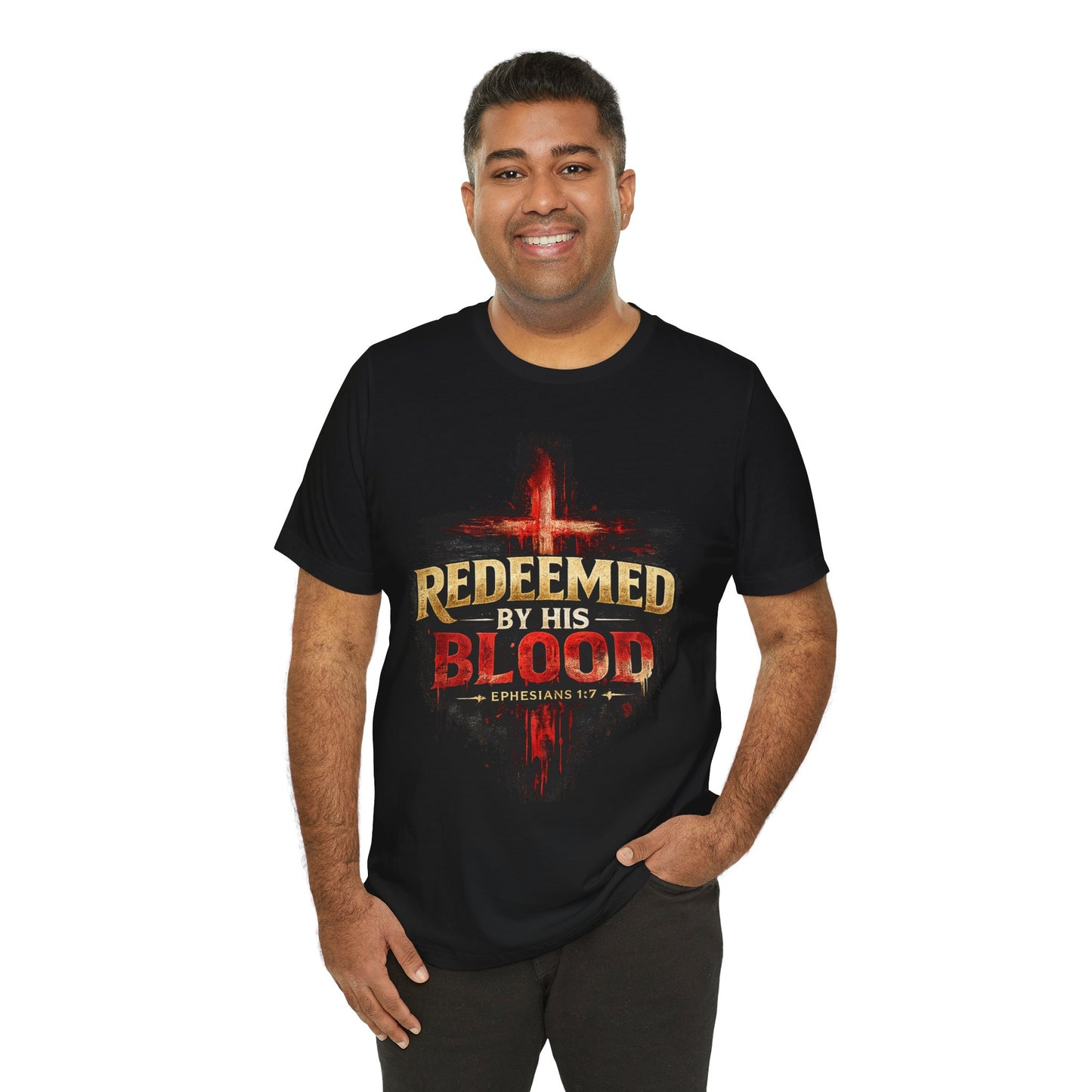 Redeemed by His Blood T‑Shirt — Christian Cross Faith Tee (Ephesians 1:7)