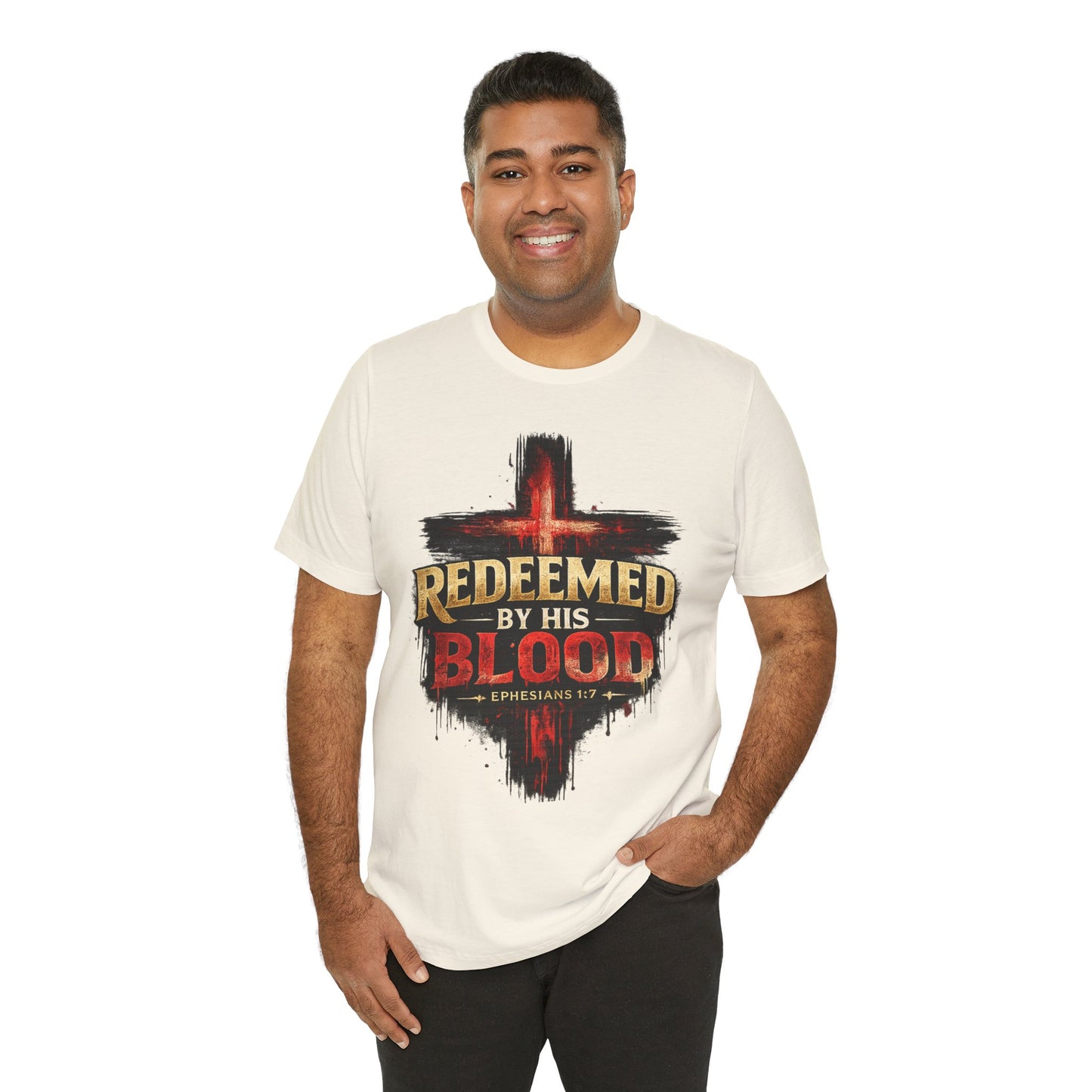 Redeemed by His Blood T‑Shirt — Christian Cross Faith Tee (Ephesians 1:7)
