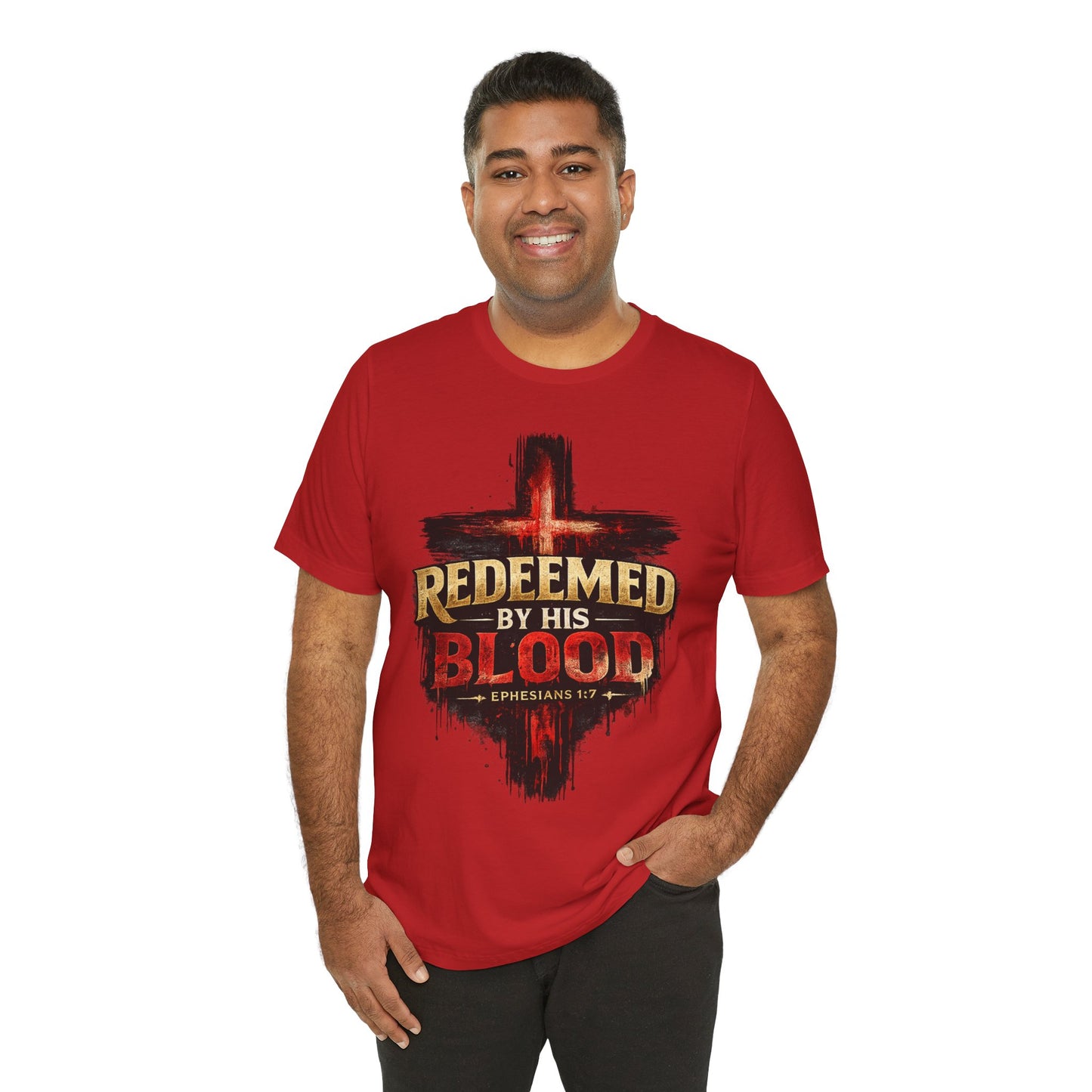 Redeemed by His Blood T‑Shirt — Christian Cross Faith Tee (Ephesians 1:7)