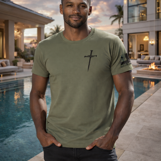 Three Nails Christian Graphic Tee - Heather Mil. Green